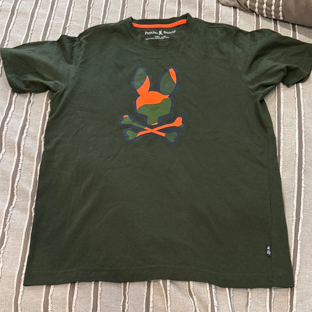 Boys SZ L Psycho Bunny Dark Green Tee with Vibrant Logo